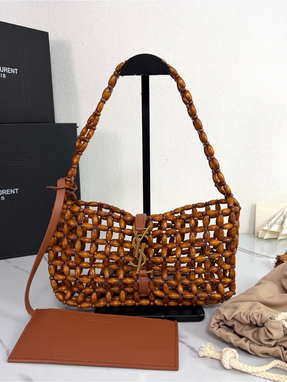 Saint Laurent Brown Beaded Shoulder Bag with Gold YSL Accent